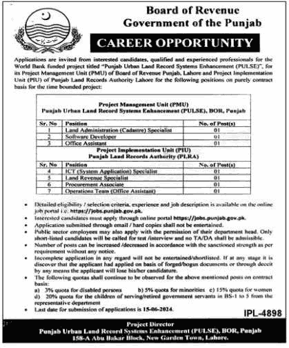 Latest Board of Revenue Punjab Jobs 2024 in Lahore June 2024-BOR Jobs